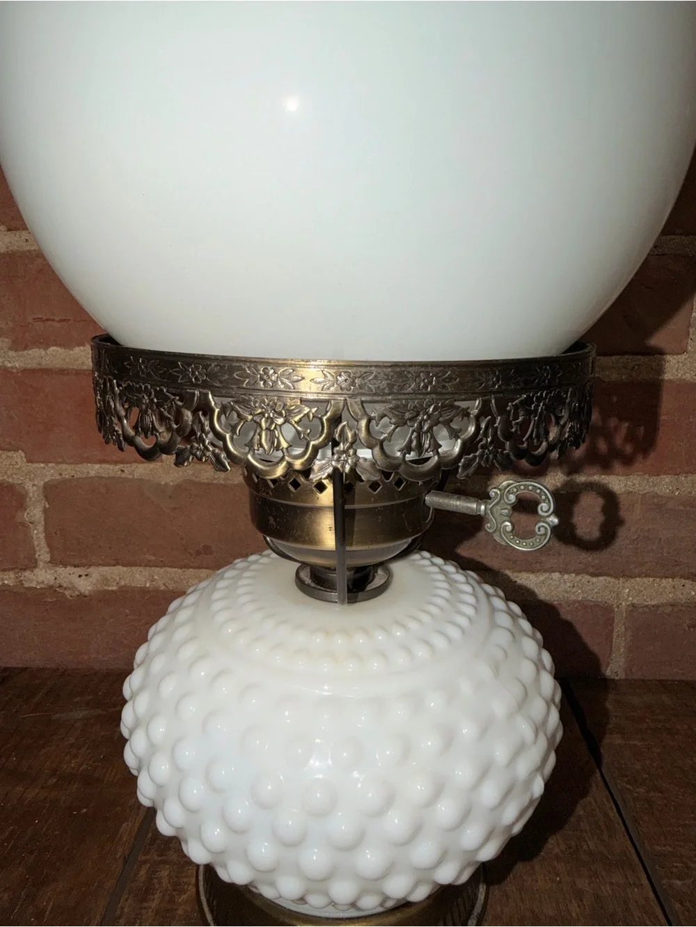 White Hobnail Milk Glass Table Lamp with Brass Accents